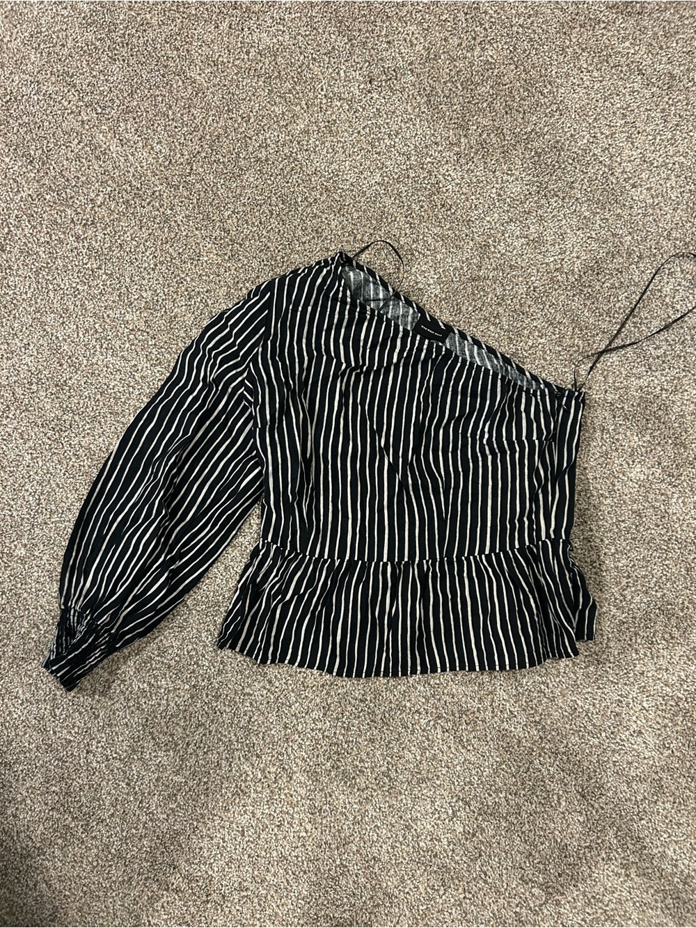 Who What Wear Black and White One-Shoulder Striped Peplum Top